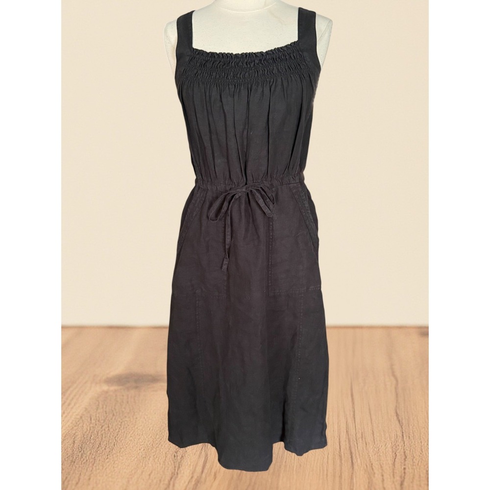 Current Elliott Black 100 Linen Midi Dress Size S Ruched Square Neck Waist Tie